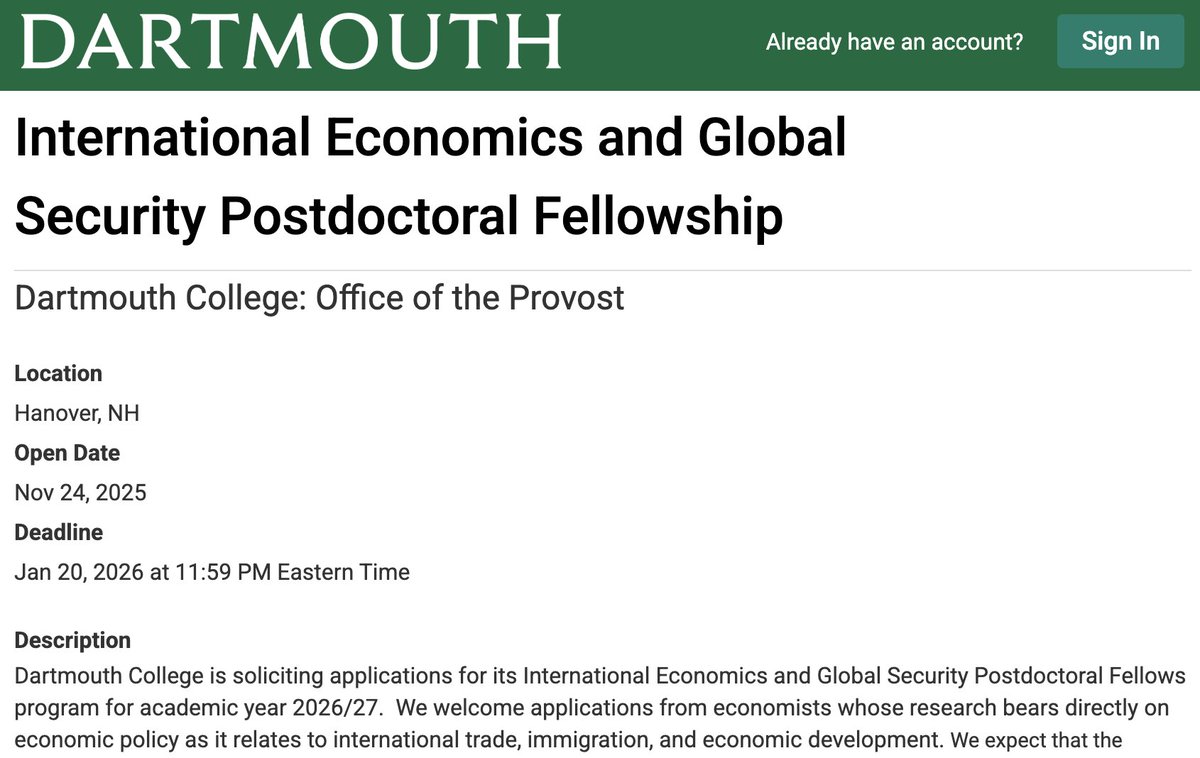 paulnovosad's tweet image. If you have great PhD students working on development, trade, or international security, please tell them about our excellent postdoc opportunity at Dartmouth Econ. Link in thread, deadline Jan 20.