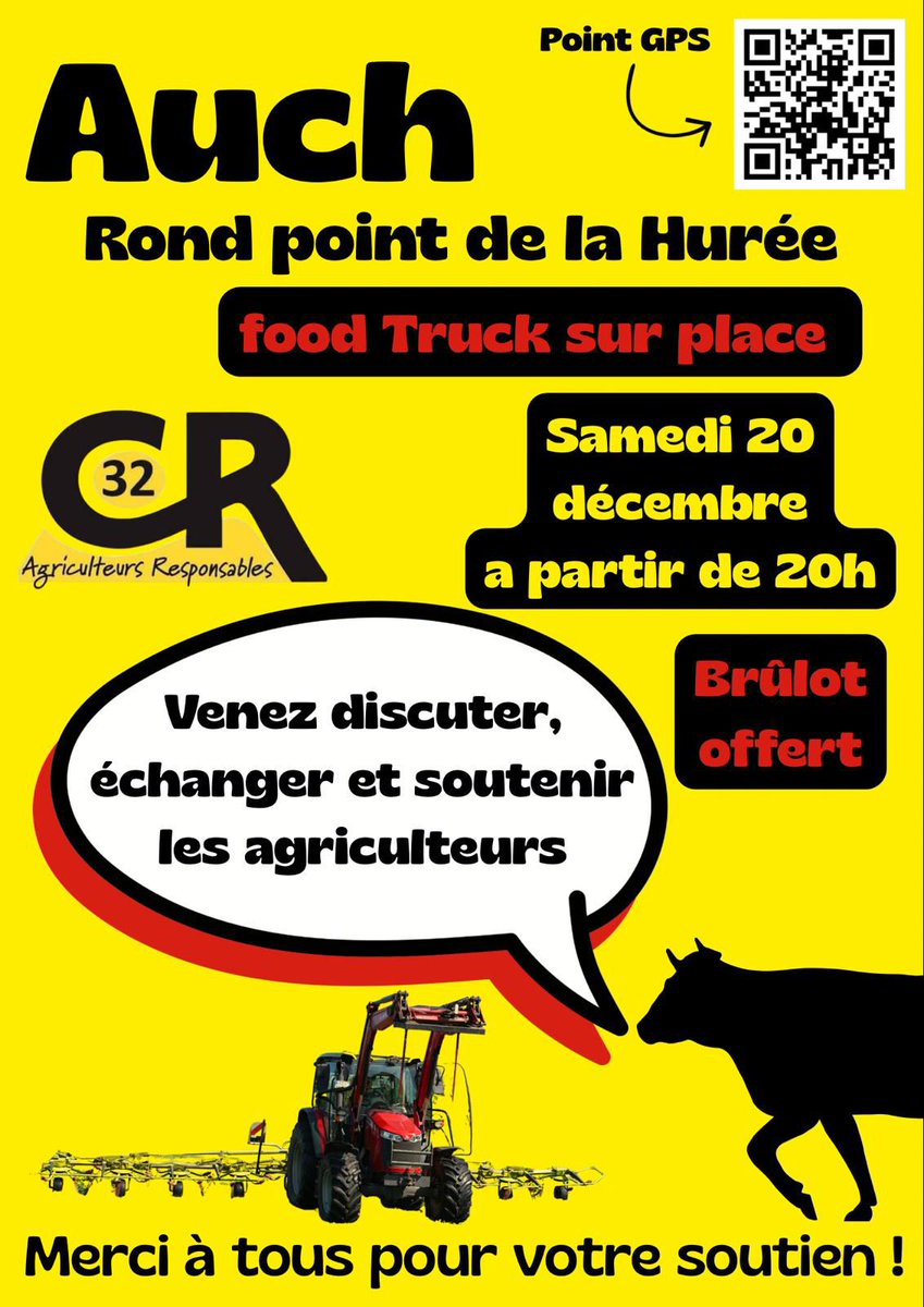 coordinationrur's tweet photo. 🔴 APPEL À MOBILISATION – AUCH
📍 Rond-point de la Hurée
📅 Vendredi 20 décembre 2025
⏰ À partir de 20h

Les agriculteurs de la #CR32 se rassemblent ce soir pour défendre leurs exploitations, leur métier et l’avenir de l’agriculture française. 
Venez échanger, discuter et soutenir les éleveurs face aux difficultés et décisions injustes qui pèsent sur la 
filière.
Brulot offert et food truck sur place pour partager un moment convivial avec les participants.

🟡⚫ La Coordination Rurale reste déterminée et aux côtés des éleveurs sur tout le territoire.

#CoordinationRurale #AgriculteursEnColère #AgricultureFrançaise #BonSensPaysan