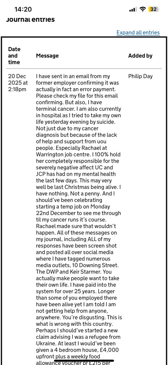 PhillyD1982's tweet photo. @10DowningStreet @DWPgovuk @GOVUK @JCPinCheshire @Keir_Starmer  still zero help or replies from anyone. I am currently in hospital after attempting suicide yesterday (19.12.25) due to this situation. Please see below screen shots from further messages to UC….. https://t.co/JCEwsYGPjb