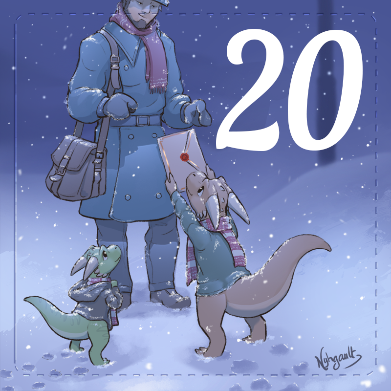 nyhgault's tweet image. ✨Kobold Advent Calendar - Day 20: Hope ✨

The kind postman knows where Santa lives! Cookie is so relieved.
"You've come a long way, come inside and warm up, we've got some warm soup."