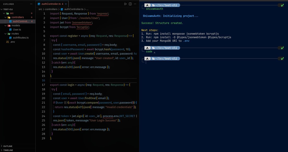 ShivamKarnn's tweet image. I finally automated the most boring part of my workflow.

Built a CLI that generates: Mongoose Models ,JWT ,Controllers, Express Routes, .env setup
It’s a basic prototype right now, 
Tested locally, npm release coming soon.

code: github.com/ShivamKarna/sh…
#codingforall #backend