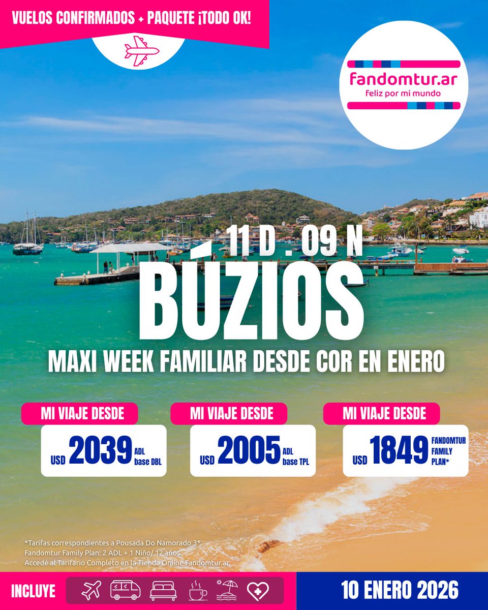 fandomtur's tweet image. 🇧🇷 Búzios Maxi Week desde Córdoba en Enero ✈️

✔️ 11 Días | 09 Noches en Pousadas 3* con Desayuno, vuelos de GOL, traslados en privado y asistencia.

🌊 Comenzá tu 2026 en las playas de Brasil.

💲 Desde USD 1.849 base FAMILY PLAN.

👉 Info completa en fandomtur.ar