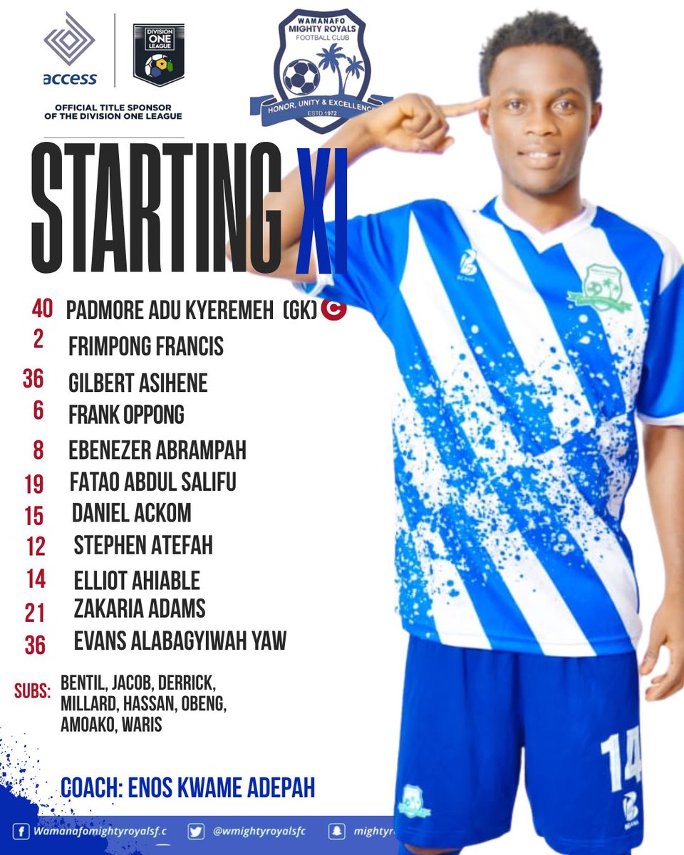 Our lineup to face VC WARRIORS FC this afternoon.
C'MMON MIGHTY ROYALS 💪 🔥 

#THEROYALS 
#NOPRESSURE 
#ITISPOSIBLE 
#ABDOL20252026
#ONAYAAHOTEL
<a href="/DivisionOneGH/">🇬🇭 Access Bank Division One League</a>