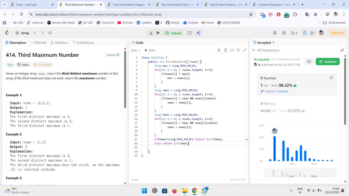 beingbashar06's tweet image. #Day10 of #100DaysOfCodeChallenge

2 problems solved today.
Focused on arrays + clean logic.

• Search Insert Position
• Third Maximum Number 

Simple problems, sharp thinking.
Day 10 done. 🔥
#DSA #LeetCode #Day10 #CodingJourney #Consistency