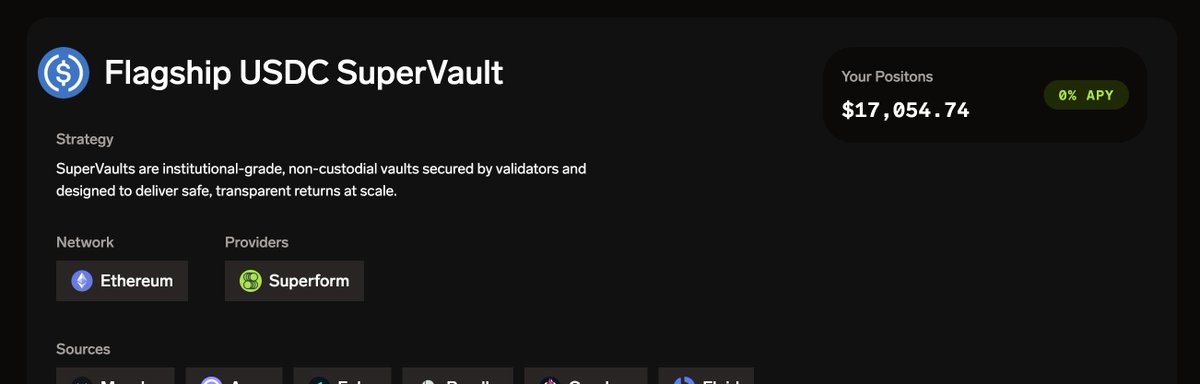I just put $17,054 deposit on <a href="/superformxyz/">Superform</a> as they provide 8% yield on their USDC SuperVault

I'm a bit late to them but still I think team is good at execution and looks safe as well. They are also backed by tier 1 VCs so it made me even more bullish

Gonna deposit my ETH into