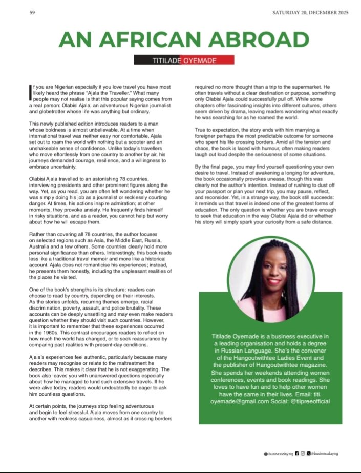 Title: An African Abroad
Author: Olabisi Ajala
Year of Publication: 2023
Number of Pages: 281
Category: Travel Memoir
Go here to read the review: businessday.ng/bd-weekender/a…