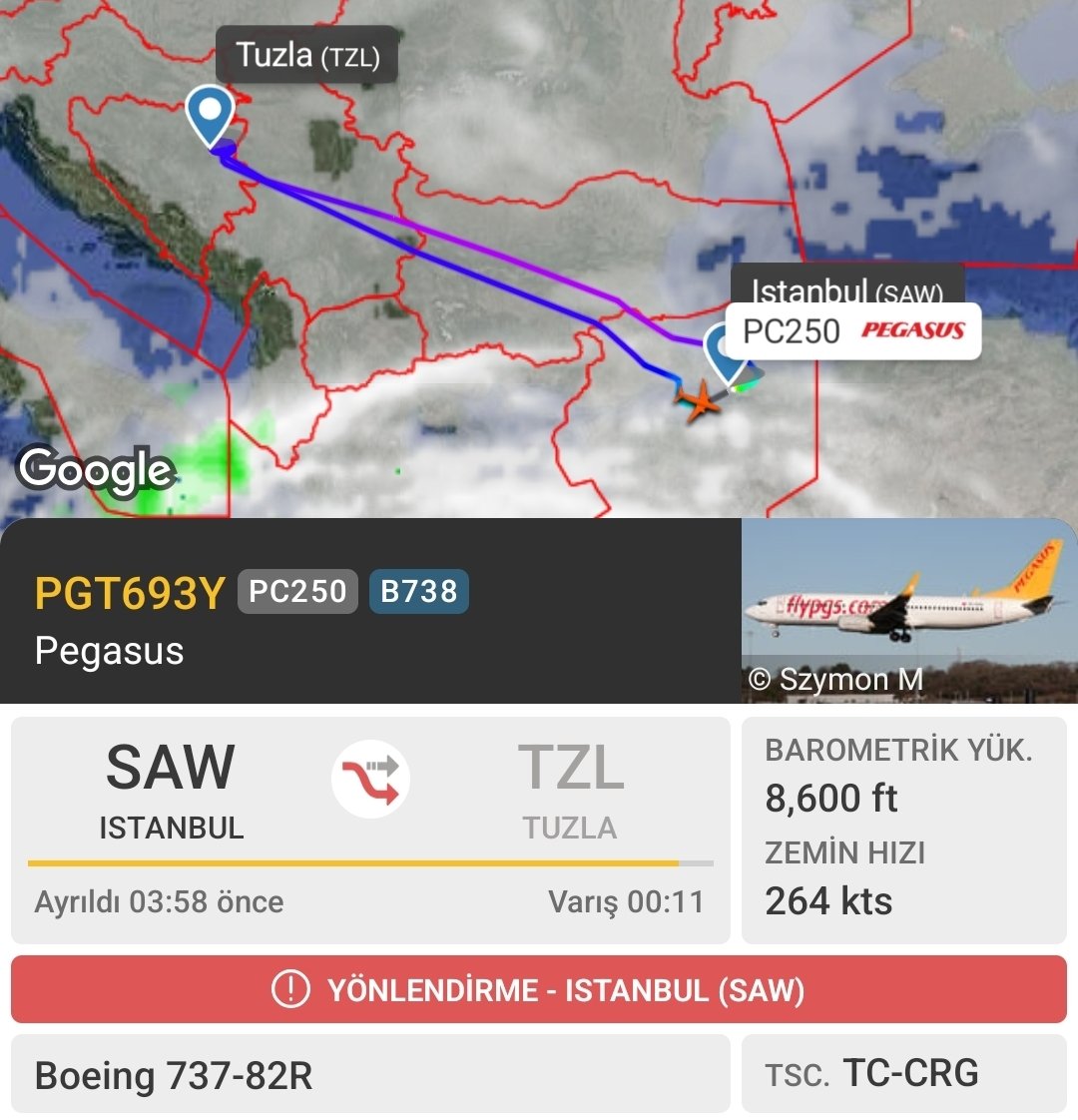 HavaSosyalMedya's tweet photo. Pegasus Hava Yolları'nın #PC250 Sabiha Gökçen - Tuzla seferini gerçekleştiren TC-CRG tescilli Boeing B737-800 tipi uçak, olumsuz hava koşulları nedeniyle Sabiha Gökçen'e geri dönüyor. https://t.co/C5YHJBb6dX