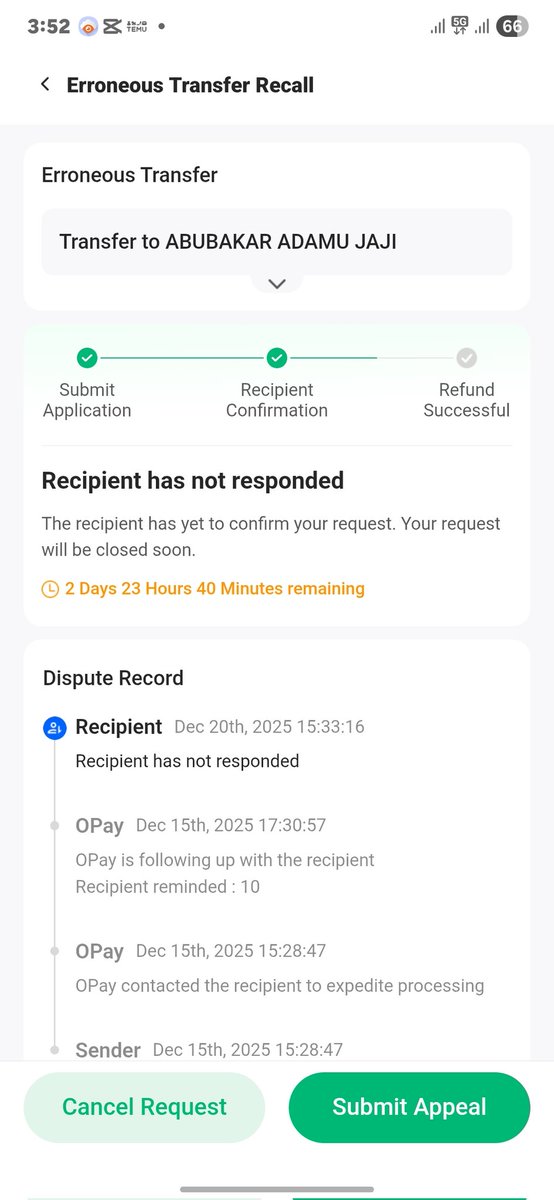 SHRE_DAR's tweet photo. @OPay_NG Make una help me ask the person to refund me ooo https://t.co/h04RjAXpBn