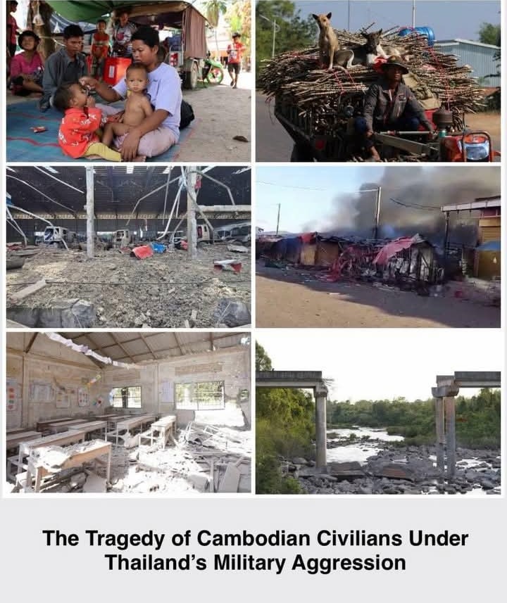 Tetnaret's tweet photo. Thai soldiers used F-16 fighter jets to drop bombs and kill innocent Cambodian people, destroying Temple, destroying houses, bridges, schools, monasteries, hotels and many other places. Cambodian people live in fear, children are not educated, and their homes are burned down. https://t.co/qqIK1ueUjq