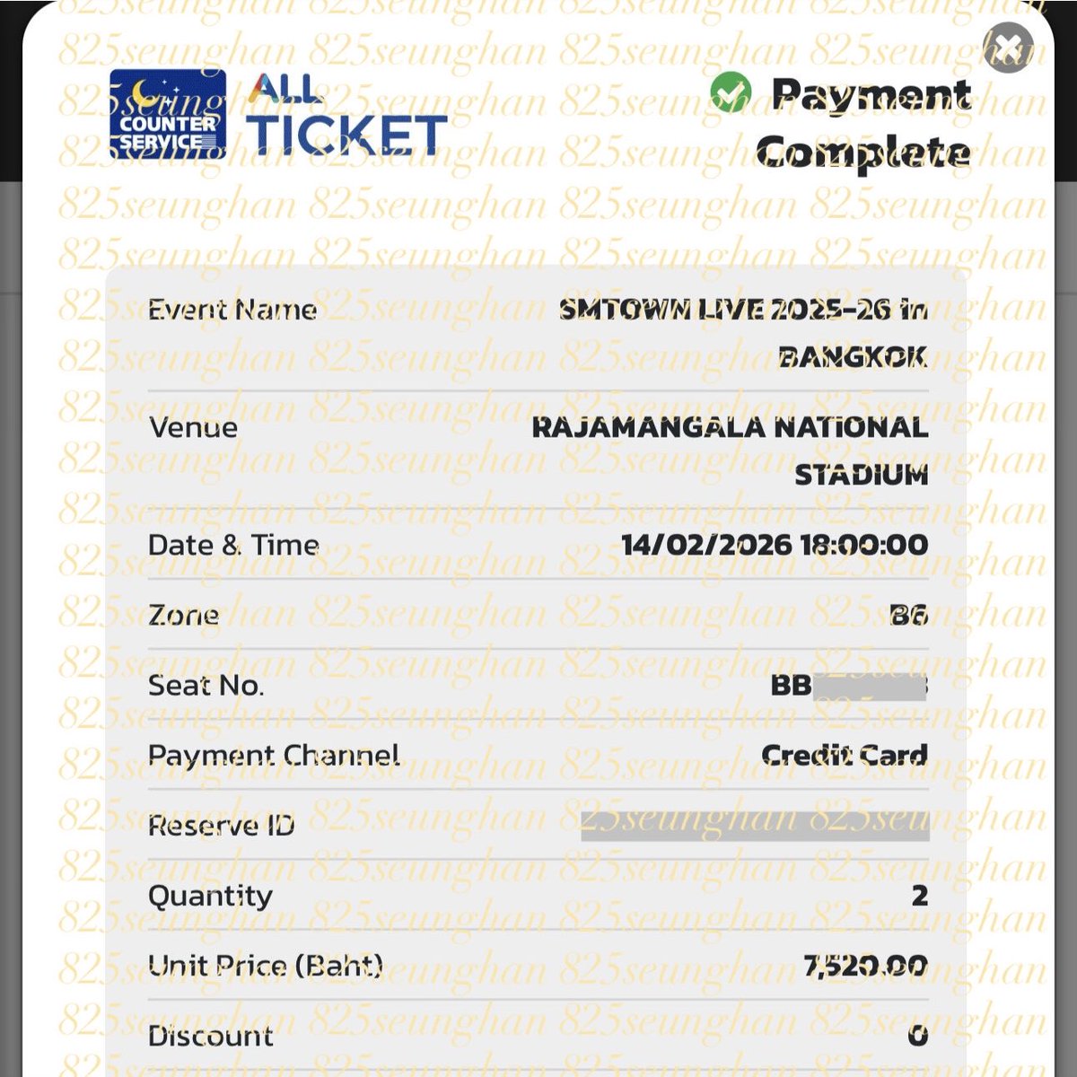 825seunghan's tweet image. ขายบัตร wts 영도 smtown in bangkok

7,500baht section b6 row bb (row 2) x1
selling for sgd320 (original price+taxes)
negos allowed for fast deals!

rfs: upgraded to vip
will be there on dday to exchange ticket for u! 💗

#SMTOWNLIVE2025_26_BANGKOK 
#SMTOWN_LIVE_2025 #SMTOWN