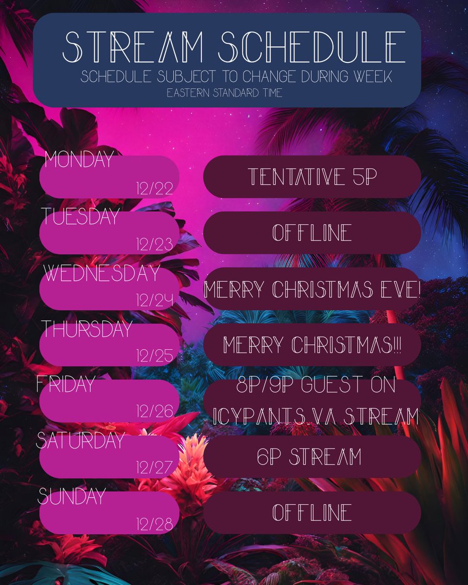 correlophys's tweet image. Stream schedule for this week~I’m also planning on going live tonight around 5/6p EST!