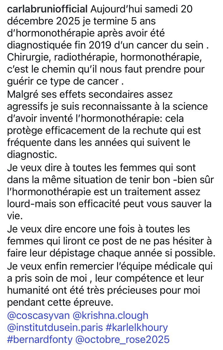 #Cancer du sein: un message de la chanteuse Carla #Bruni, sur Instagram instagram.com/p/DSfSvmojrhJ/…