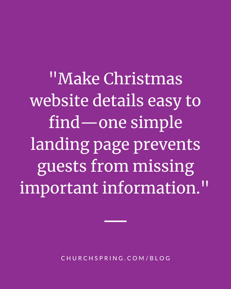 ChurchSpring's tweet image. Church Website Tip: Create a single Christmas landing page to remove guesswork for guests &amp;amp; members. Include service times, RSVP links, livestream info, &amp;amp; event details. 🎄

Check out more tips: churchspring.com/blog/csl-017-8… 

#ChurchWebsite #ChristmasSeason #ChurchComms #MinistryLife