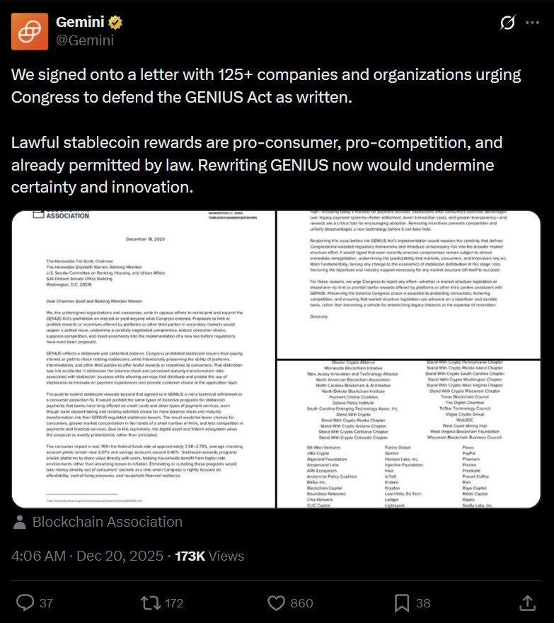 🔴COINTELGRAPH: Gemini e oltre 125 aziende chiedono al Congresso di mantenere intatto il GENIUS Act per proteggere le ricompense legali delle stablecoin e l'innovazione.