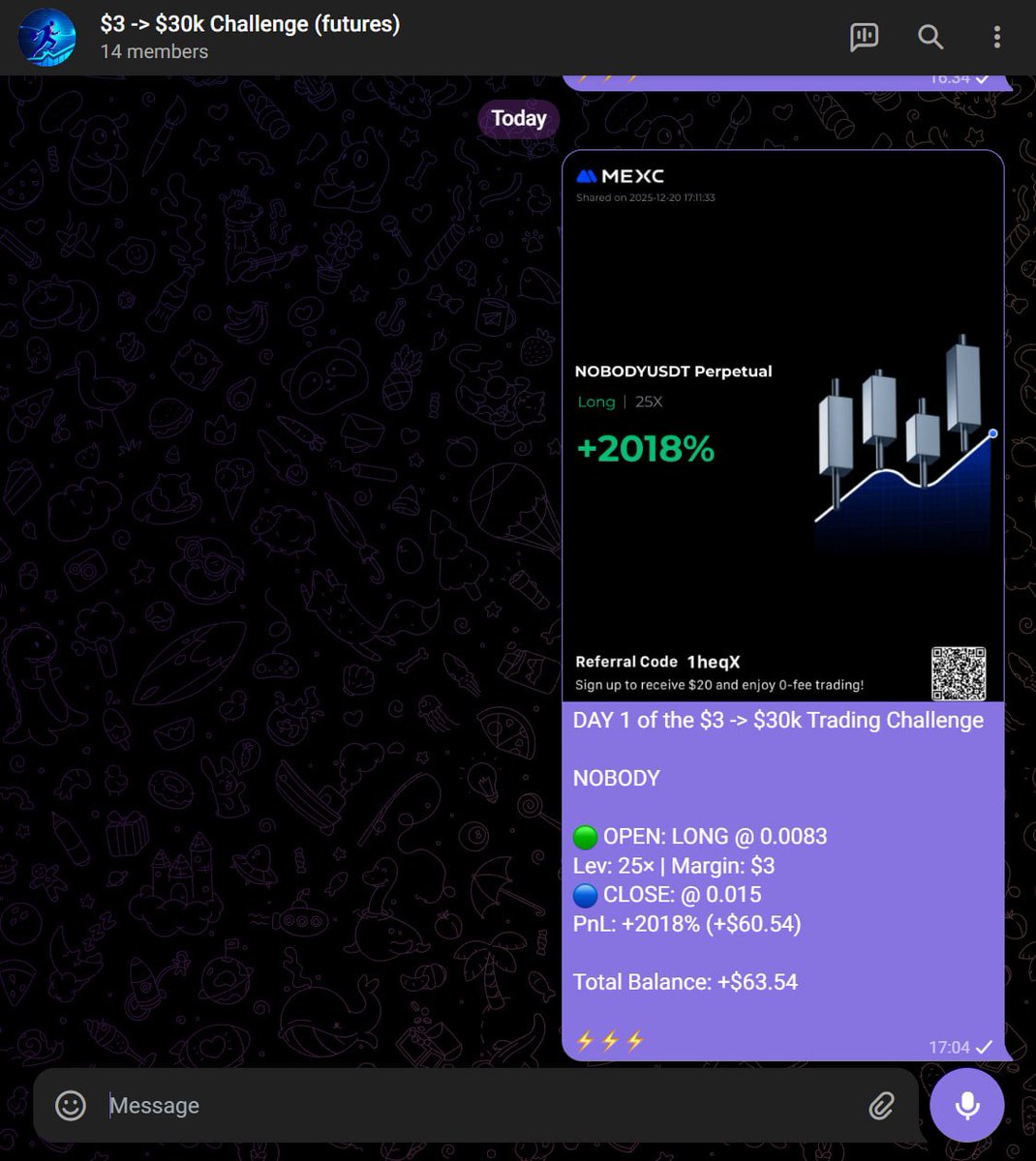Shelpid_WI3M's tweet image. DAY #1 of the $3 -&amp;gt; $30k Trading challenge        

NOBODY Long -&amp;gt; +2018% (profit: $60.54)   

Account balance: $63.54
        
Adding 300 participants    
Accepted so far: 14/300        

Wanna join? Here’s how:        

• Like &amp;amp; Retweet    
• Comment "🫡"    
• Must be…