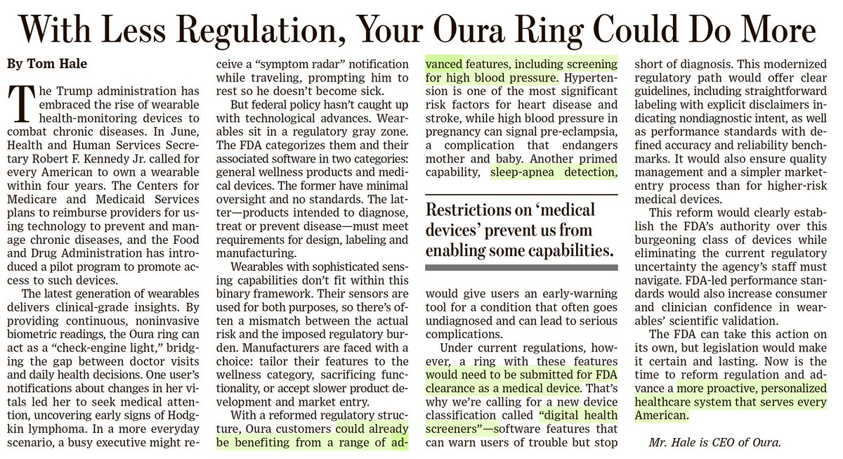 The CEO of <a href="/ouraring/">ŌURA</a> proposes a new FDA regulatory path for wearable sensors—"digital health screeners" <a href="/tomeghale/">tom hale</a> 
What do you think of this idea?
wsj.com/opinion/with-l…