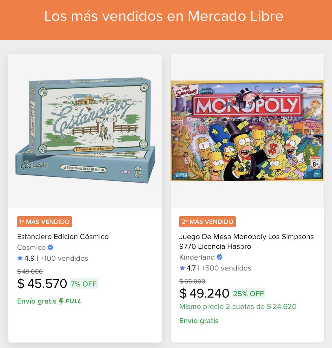 En solo 1 semana El Estanciero Cósmico es el Juego de Mesa más vendido En Mercado Libre!!! (Mas que cualquier versión del Monopoly)

Felices de volver a poner este clásico Argentino en lo más arriba después de tantos años 💪🇦🇷❤️