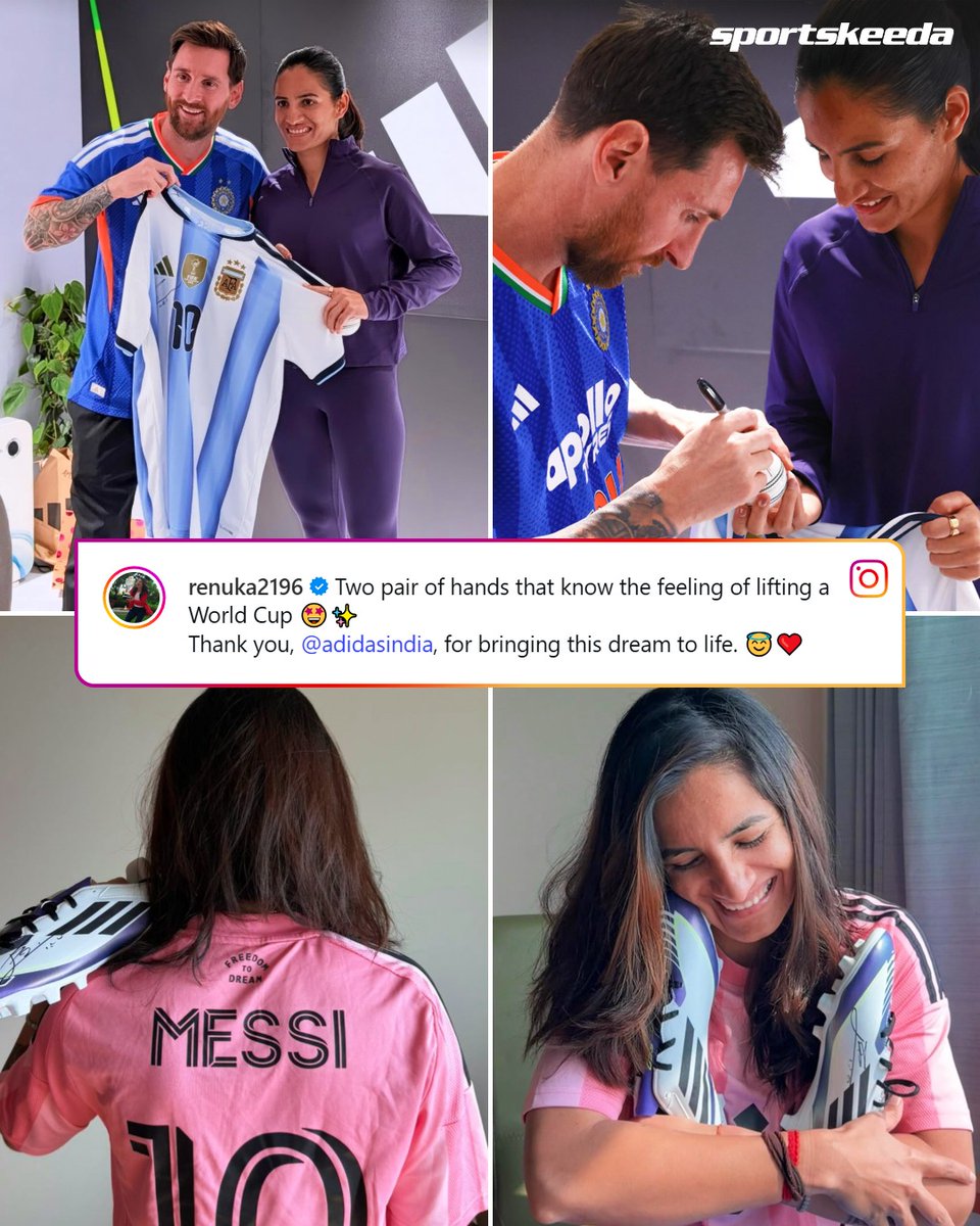 Sportskeeda's tweet image. A dream moment for Renuka Singh Thakur as she meets Lionel Messi. 🐐

#Cricket #Renuka #Messi