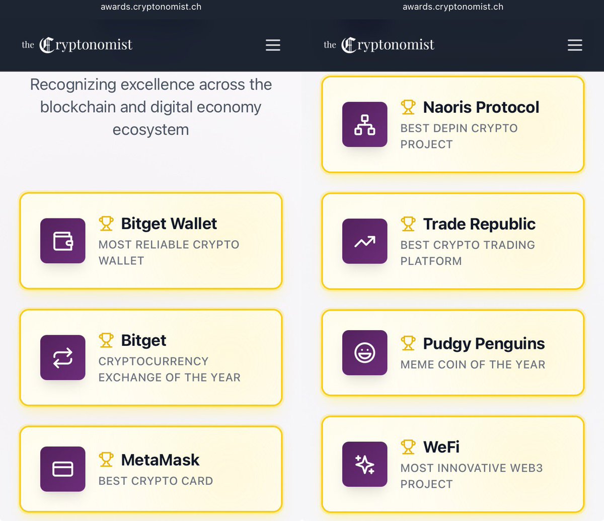 #WeFi  「最も革新的な Web3 プロジェクト」受賞✨
The Cryptonomist が主催する Cryptonomist Awards で #Bitget  や #MetaMask などと肩を並べての受賞
しかも一般投票によって選ばれました！つまり WeFi のコミュニティがしっかりと機能しており認知度も信頼度も高い事が改めて証明されたのです！
