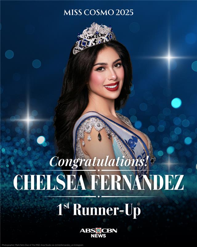 A STRONG FINISH FOR CHELSEA!
 
Philippine bet Chelsea Fernandez is hailed as 1st runner-up of Miss Cosmo 2025.