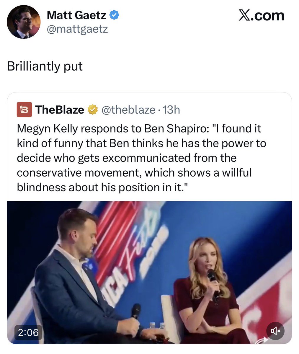 Fair_and_Biased's tweet image. The lines are being drawn, and Megyn has placed herself squarely with the worst ppl on the “right”: Tucker, Candace, MTG, Fuentes. 

Add one more to the list: Matt Gaetz.