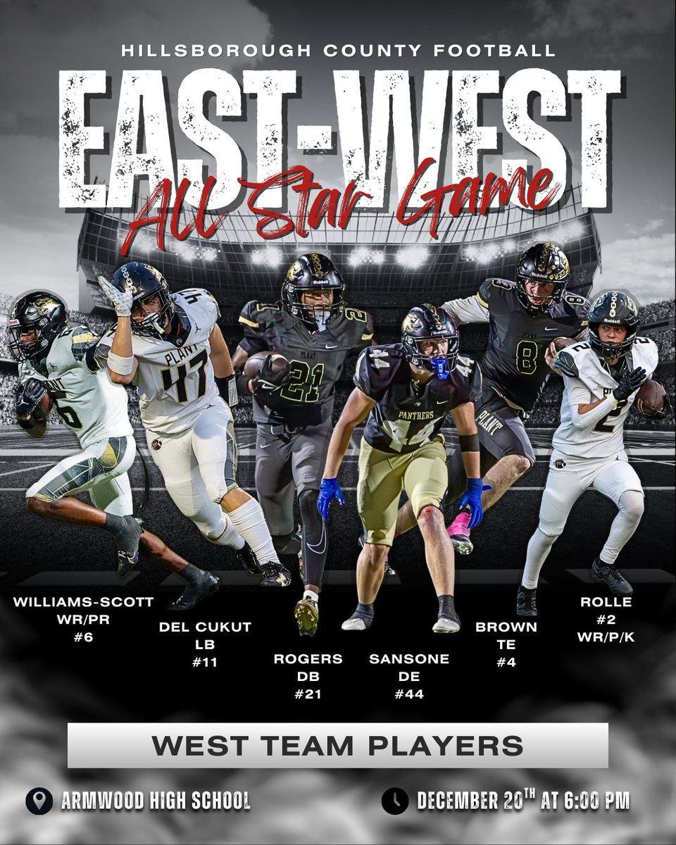 It's Game Day! Come support our guys playing in the Hillsborough County All Star Game tonight. 
📍Armwood High School
🕕 6:00 PM
🎫 Free admission
<a href="/Treon717/">Treon Williams-Scott</a> <a href="/Mark_V_DelCukut/">Mark Del Cukut</a> <a href="/CedRogersIII/">Cedric Rogers III⭐️⭐️⭐️</a> <a href="/Sansone200/">Charlie Sansone</a> <a href="/TrippBrown18_/">Tripp Brown 3 ⭐️ TE</a> <a href="/DavieRolle13/">Davie Rolle</a>