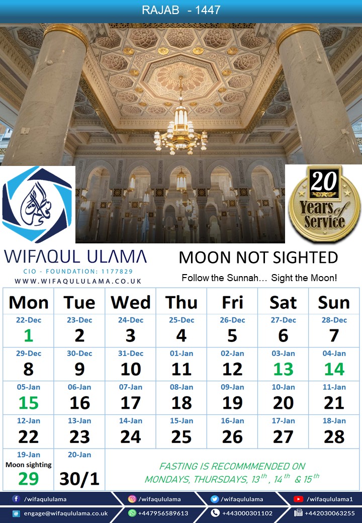 Declaration for the month of Rajab 1447

Local &amp; Foreign Sighting Reports: Negative

Therefore, the Islamic month of Jumādā al-ʾĀkhirah will complete 30 days. Rajab will begin after Magrib on Sunday 21st December 2025

The first day of Rajab will be Monday 22nd December 2025