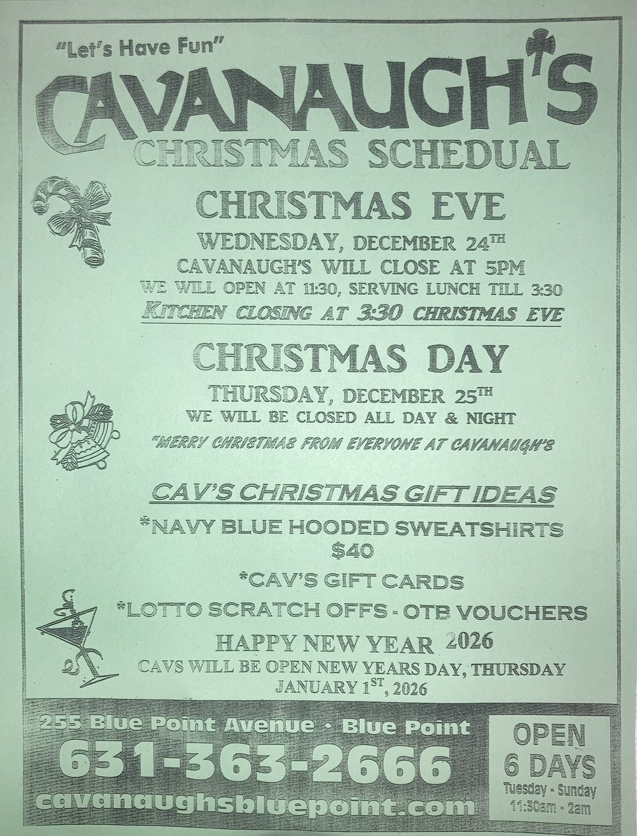 CavanaughsPub's tweet photo. Saturday Night Dinner Specials, Kitchen Serving Till 9:30pm. Cavanaugh’s Sweatshirts Going Fast🌲
#CavsGiftCards #CavsSweatshirts #Bluepoint #Bayport #cavanaughs https://t.co/Om5rIRaJQy