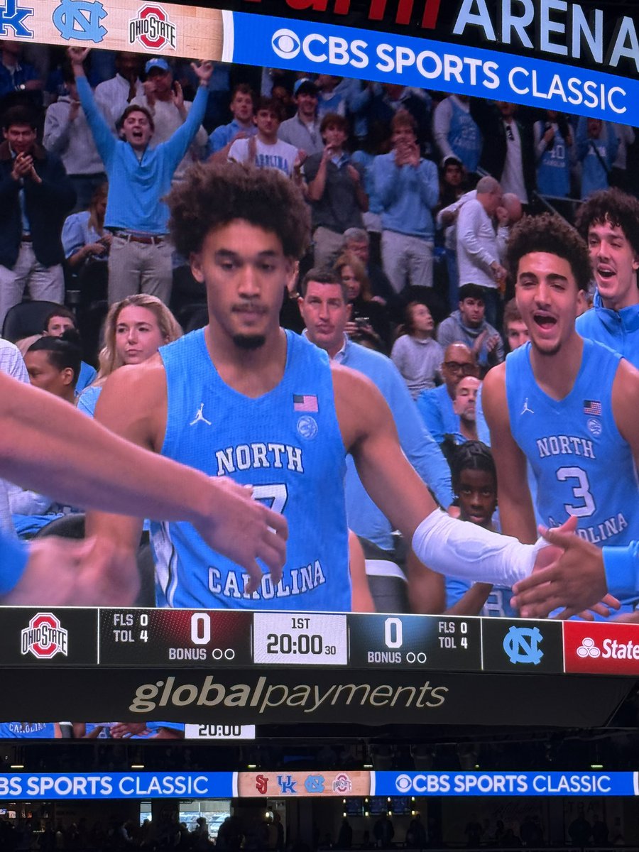 InsideCarolina's tweet image. Seth Trimble gets a big ovation in the starting lineup. We now see that he has a sleeve with some padding around his left forearm: