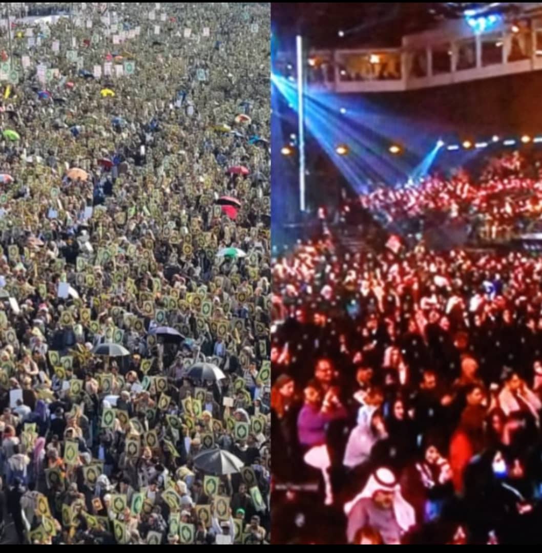 في نفس اليوم ( الجمعه ) 
شاهدو الفرق بين اليمن والسعوديه !!!

حشود يمنيه من اجل القران
حشود سعوديه من اجل موسم الرياض

اليمن يرفعون المصاحف
السعوديه يرفعون صور نجوى كرم
