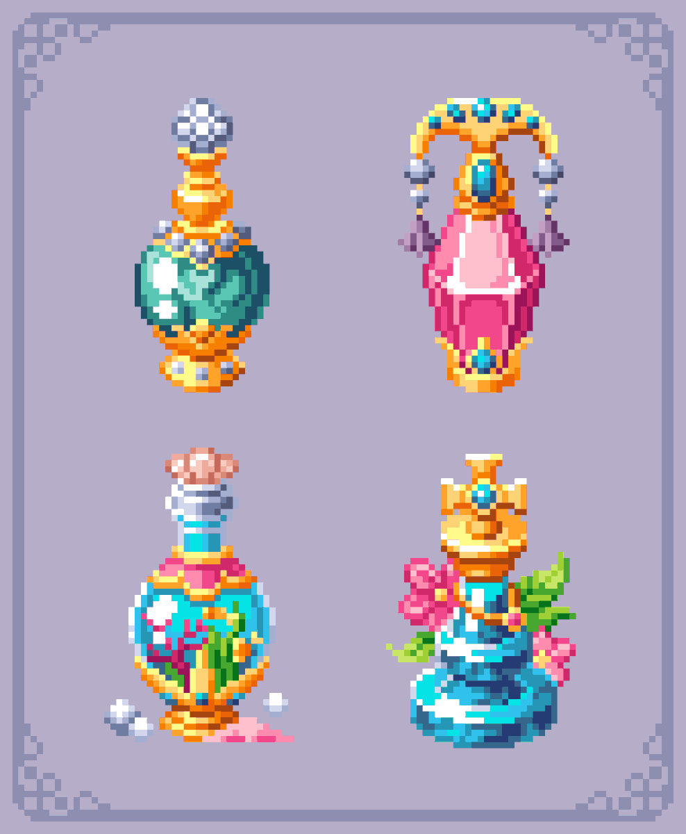 TaseMiru's tweet photo. Potions Set 
°
° 
°
#digitalart #drawing #artwork  #pixelart #aseprite #props #potion https://t.co/WBiNg0xJ3s