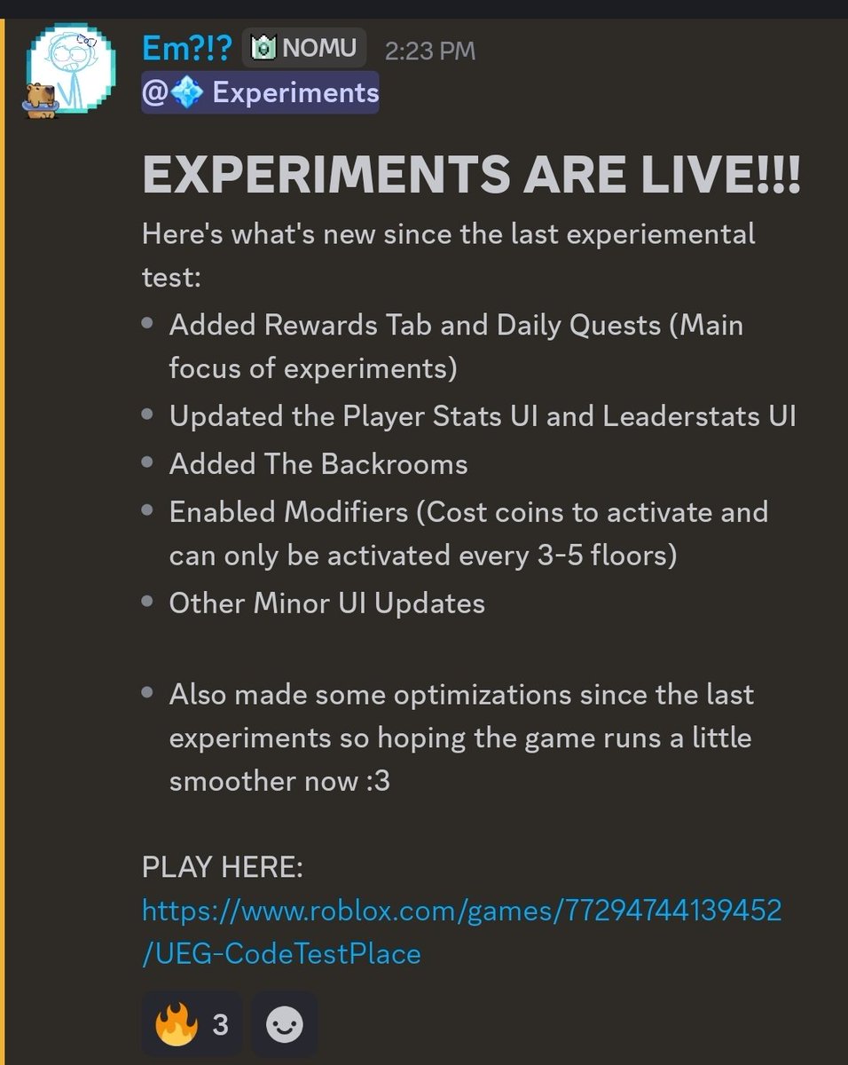 UEG_News's tweet photo. 🚨News🚨

The experimental servers are now open! Information below:

📢This information comes from the Official UEG/DHP Server📢
#untitledelevatorgame #ueg https://t.co/moCUBE4Xsc