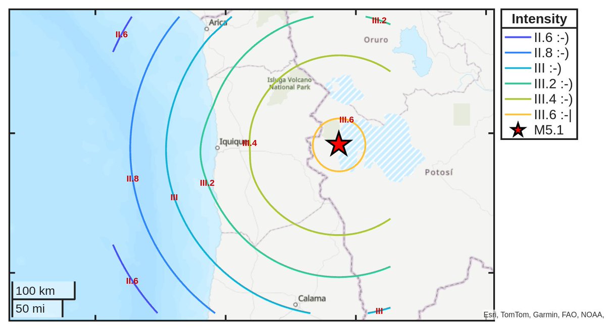 SismoDetector's tweet photo. Mapa de intensidad del #sismo M5.1 ocurrido a las 20:30:23 (UTC) con epicentro a 35 km de #Llica, Bolivia. Descarga la app Sismo Detector desde https://t.co/jS9crK4Riw para recibir alertas en tiempo real en tu smartphone https://t.co/FcikHTBdVI