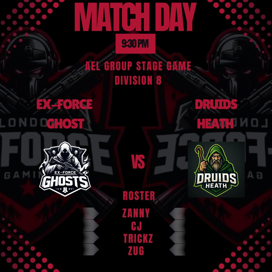 MATCH DAY!!

📅 - Saturday 20th
⏰ - 9:30 pm!
🆚 - Druids Heath

Roster -

⚫ - Zug
⚪ - <a href="/GloriousTrickz/">Glorious Trickz</a>
⚫ - <a href="/XVproscj/">XV-pros_cj</a>
⚪ - Zanny