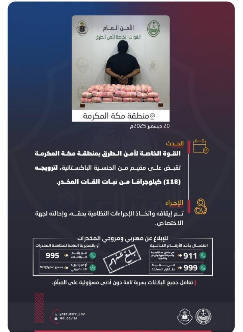 القوة الخاصة لأمن الطرق بمنطقة مكة المكرمة تقبض على مقيم لترويجه (118) كيلوجرامًا من نبات القات المخدر. #الأمن_العام 