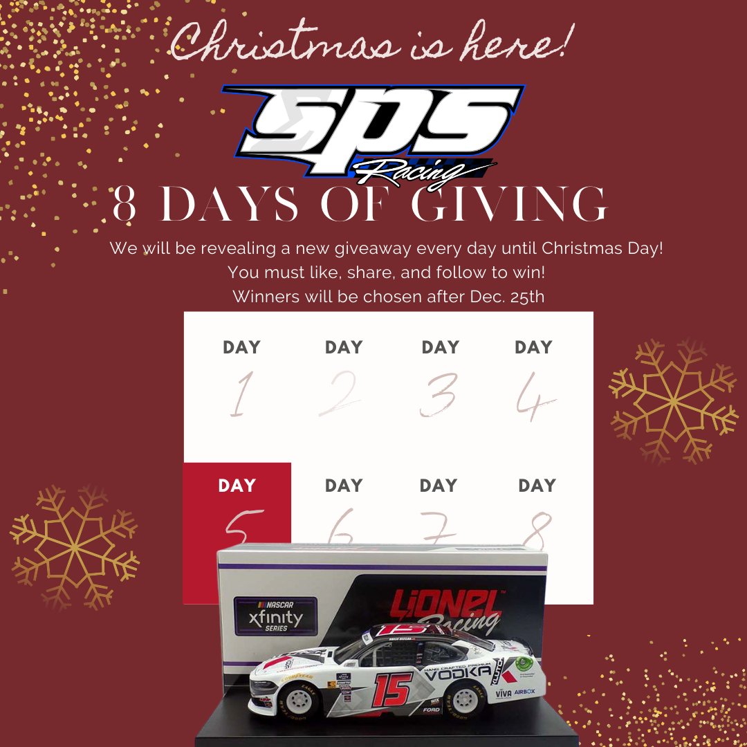 TeamSPSRacing's tweet image. 🎄 CHRISTMAS GIVEAWAY - Day  5🎄

This is your chance to get a 1:24 @NASCAR diecast!

Here's how to win:
1⃣ Follow @TeamSPSRacing
2⃣ Like + Re-share this post
3⃣ Tag 3 friends

Winner will be chosen Monday Dec 29th!

🎄🎄Good Luck🎄🎄