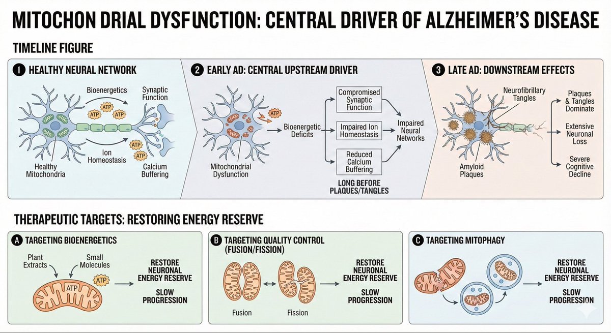 doctorinigo's tweet image. 1️⃣ Brain Mitochondrial dysfunction, known for ~20 years is finally recognized as a central upstream driver of Alzheimer’s disease (AD), not just a downstream effect.
2️⃣ Bioenergetic deficits compromise synaptic function, ion homeostasis, and calcium buffering, impairing neural…