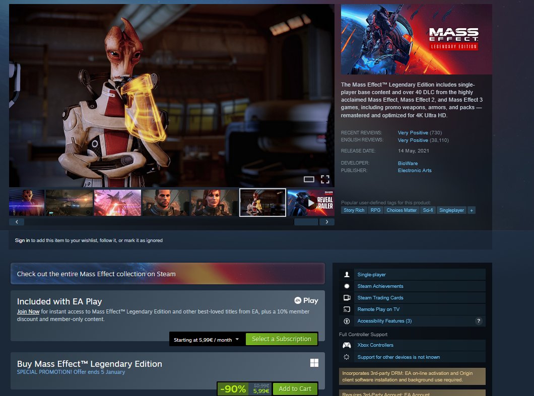 Mass Effect is on sale on Steam!

Don’t miss the chance to play or gift one of the greatest video game trilogies of all time 🗣️

#MassEffect