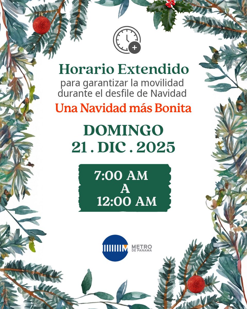 Este domingo te acompañamos hasta más tarde 🎄🚉
Extendemos nuestro horario de operación hasta las 12:00 a.m. para que te muevas con tranquilidad y disfrutes del #DesfileDeNavidad en San Miguelito.
¡Una Navidad más bonita!

 #MuéveteEnMetro