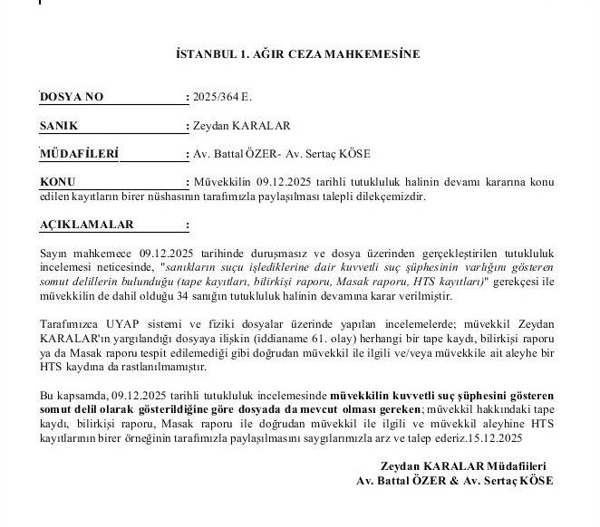 Tutukluluğumun devamına dair kararda "tape kayıtları, bilirkişi raporu, HTS kayıtları, Masak raporu" kuvvetli suç şüphesi delili olarak gösterildi.

Oysa dosyada benimle ilgili tape kaydı yok, bilirkişi raporu yok, Masak raporu yok, benimle ilgili ve aleyhe HTS kaydı da yok.