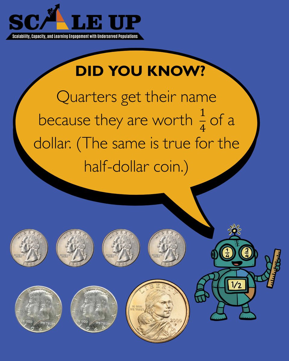 SCALEUP_FFO's tweet photo. Did you know? Quarters get their name because they are worth 1/4 of a dollar. (The same is true for the half-dollar coin). https://t.co/c2hl1lYf37