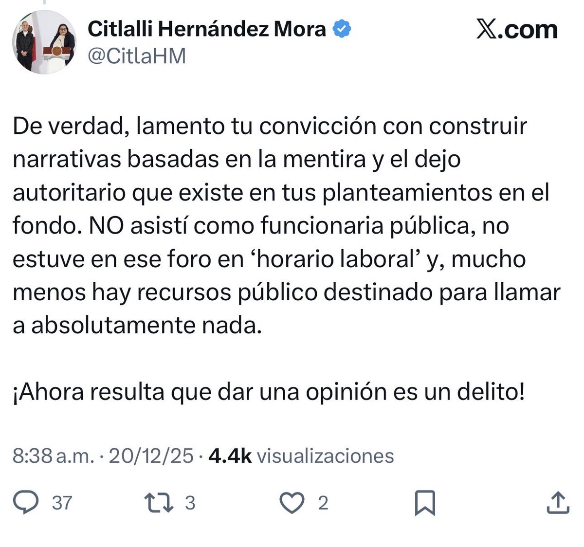 Más fácil <a href="/CitlaHM/">Citlalli Hernández Mora</a>. 

Renuncie a su cargo que le pagamos con nuestro dinero, dedíquese a diseminar odio contra quien piensa distinto a usted como lo ha hecho toda su vida, deje de usar instalaciones públicas mantenidas por los mexicanos y listo. Solo los bobos le van a aplaudir.