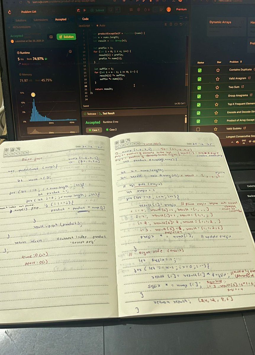 _saniyak_09's tweet image. Day 4 of DSA 🚀
Solved Product of Array Except Self using prefix &amp;amp; suffix.
Finally understood why brute force fails and optimization matters.
#DSA #LeetCode #Consistency #LearningInPublic