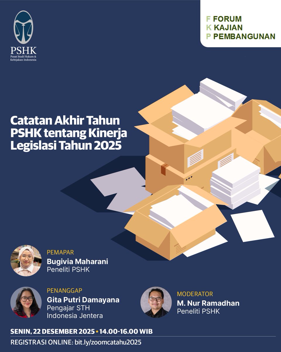 PSHKIndonesia's tweet photo. Sepanjang 2025, praktik legislasi diwarnai persoalan lama soal rendahnya capaian hingga minimnya transparansi.

Ikuti diskusinya dalam "Catatan Akhir Tahun PSHK tentang Kinerja Legislasi 2025".

📅 Senin, 22 Desember 2025
⏰ 14.00-16.00 WIB
💻 Registrasi: https://t.co/YsNk7K9AnE https://t.co/yPIwiOmTne