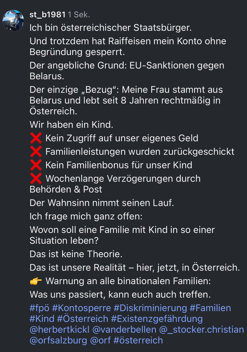 BernhardStessl's tweet photo. @Cara113377 🇦🇹 Konto gesperrt wegen „EU-Sanktionen“.
Ich bin Österreicher.
Der einzige „Bezug“: Meine Frau stammt aus Belarus.
Familie mit Kind, kein Zugriff auf unser Geld.
Das ist Realität im Rechtsstaat.

@Cara113377 
#Diskriminierung #Österreich #Rechtsstaat #Familie #EUSanktionen https://t.co/YqZvq3gr9Y
