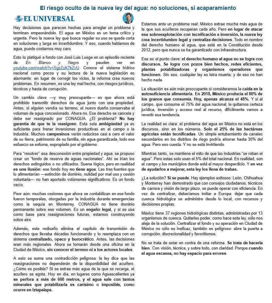 Hay decisiones que parecen hechas para arreglar un problema y terminan empeorándolo. El agua en México es un tema crítico y urgente. Pero la nueva ley que busca regular su uso se queda corta en soluciones y larga en incertidumbre.

No se pierdan la reflexión de esta semana 👇