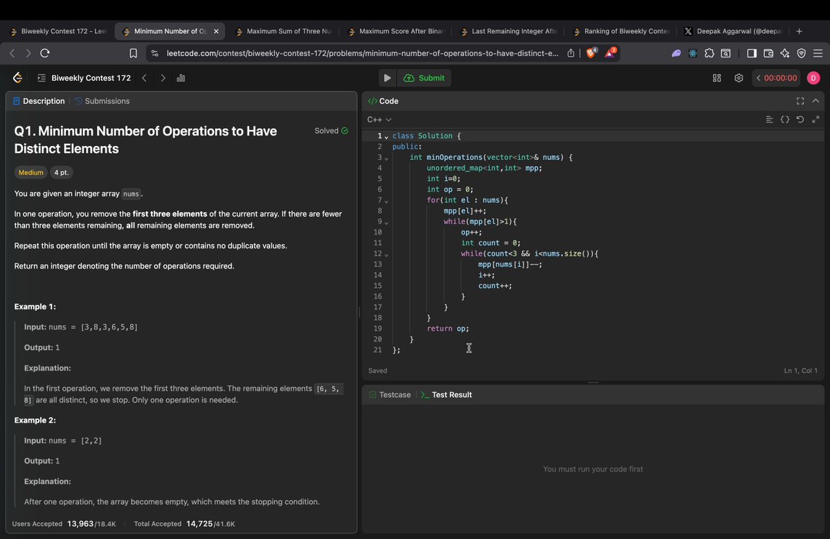 deepakagg2006's tweet image. Day 40/180
Leetcode Biweekly 172
Ques 1 =&amp;gt; track duplicates and if found perform op
Ques 2 =&amp;gt; make combs of nums with rem 0,1,2
Ques 3 =&amp;gt; record the pos of 1 &amp;amp; then take the max value according to their pos (difficult)
Ques 4 =&amp;gt; just do some testcases
#leetcode #leetcodecontest