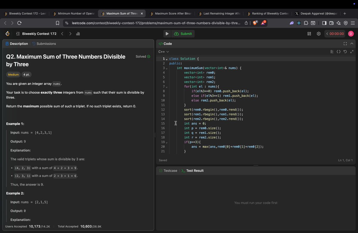 deepakagg2006's tweet image. Day 40/180
Leetcode Biweekly 172
Ques 1 =&amp;gt; track duplicates and if found perform op
Ques 2 =&amp;gt; make combs of nums with rem 0,1,2
Ques 3 =&amp;gt; record the pos of 1 &amp;amp; then take the max value according to their pos (difficult)
Ques 4 =&amp;gt; just do some testcases
#leetcode #leetcodecontest