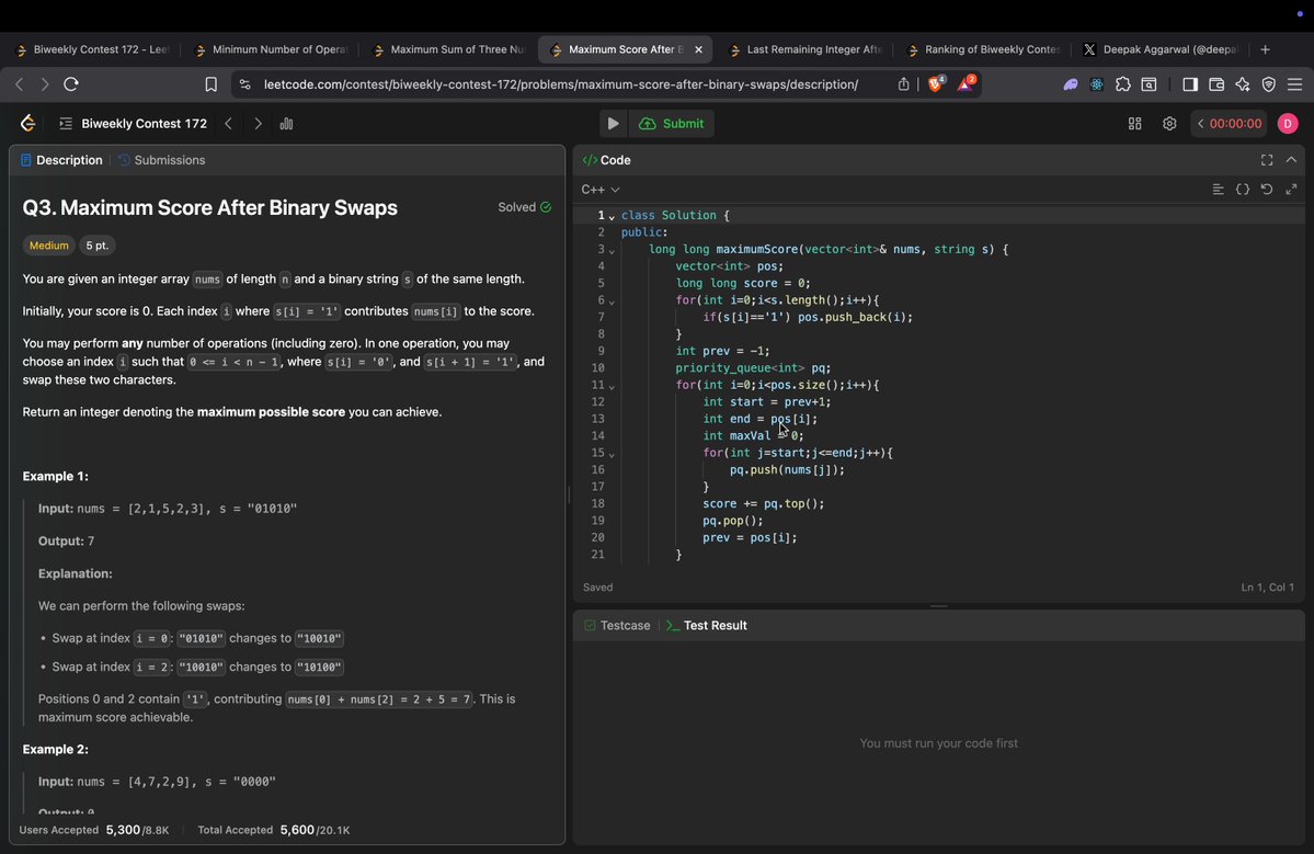deepakagg2006's tweet image. Day 40/180
Leetcode Biweekly 172
Ques 1 =&amp;gt; track duplicates and if found perform op
Ques 2 =&amp;gt; make combs of nums with rem 0,1,2
Ques 3 =&amp;gt; record the pos of 1 &amp;amp; then take the max value according to their pos (difficult)
Ques 4 =&amp;gt; just do some testcases
#leetcode #leetcodecontest