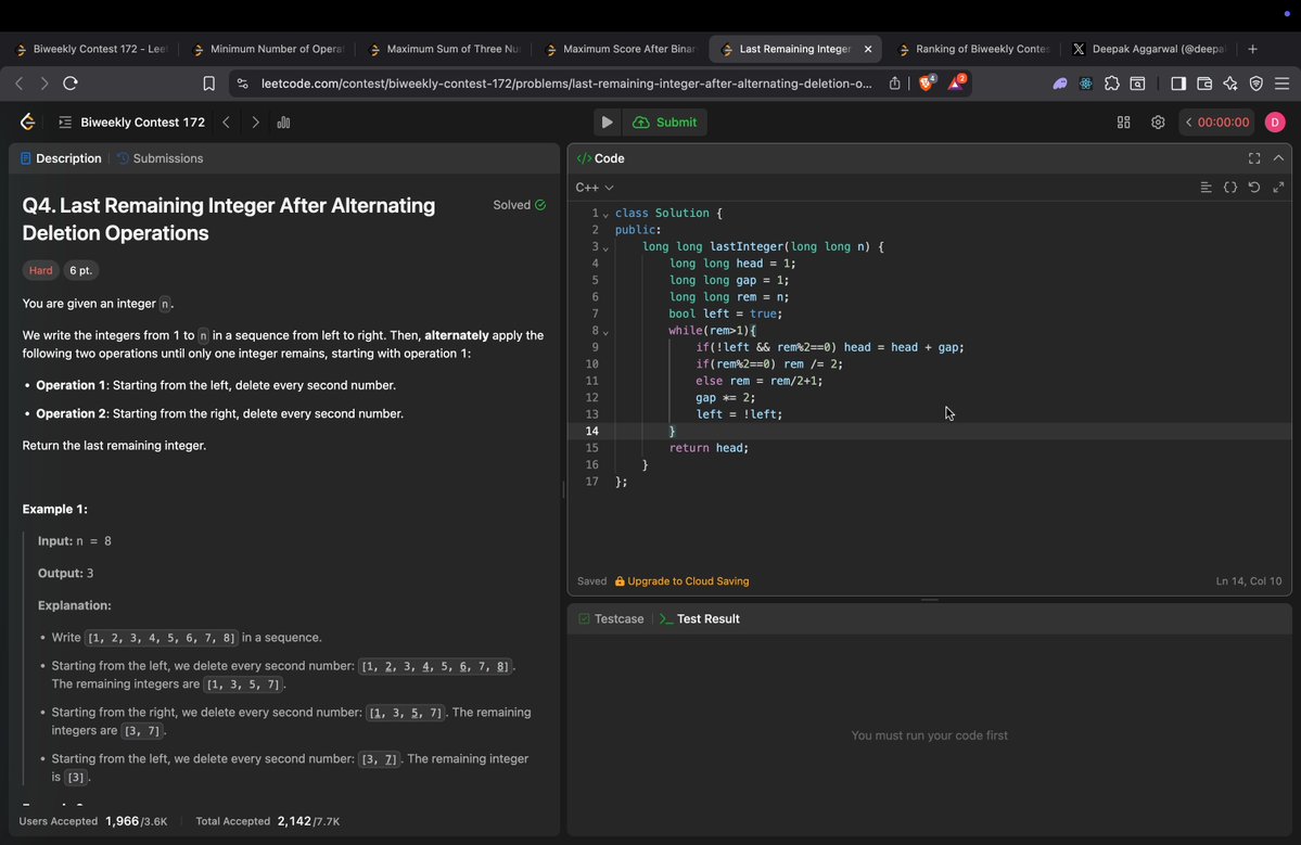deepakagg2006's tweet image. Day 40/180
Leetcode Biweekly 172
Ques 1 =&amp;gt; track duplicates and if found perform op
Ques 2 =&amp;gt; make combs of nums with rem 0,1,2
Ques 3 =&amp;gt; record the pos of 1 &amp;amp; then take the max value according to their pos (difficult)
Ques 4 =&amp;gt; just do some testcases
#leetcode #leetcodecontest